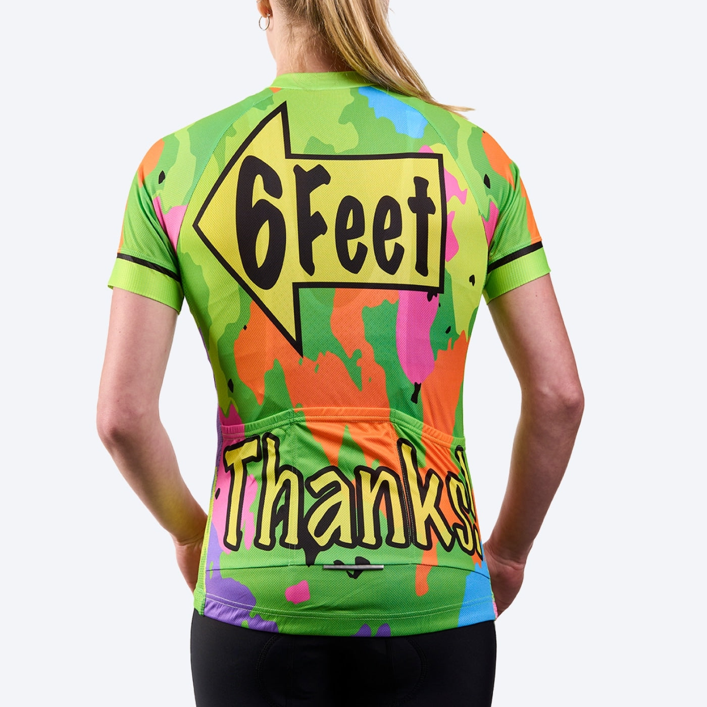 Women's Breitz!® “6 Feet, Thanks!”™ Hi-Viz Green Camo-Flash Short Sleeve Cycling Jersey