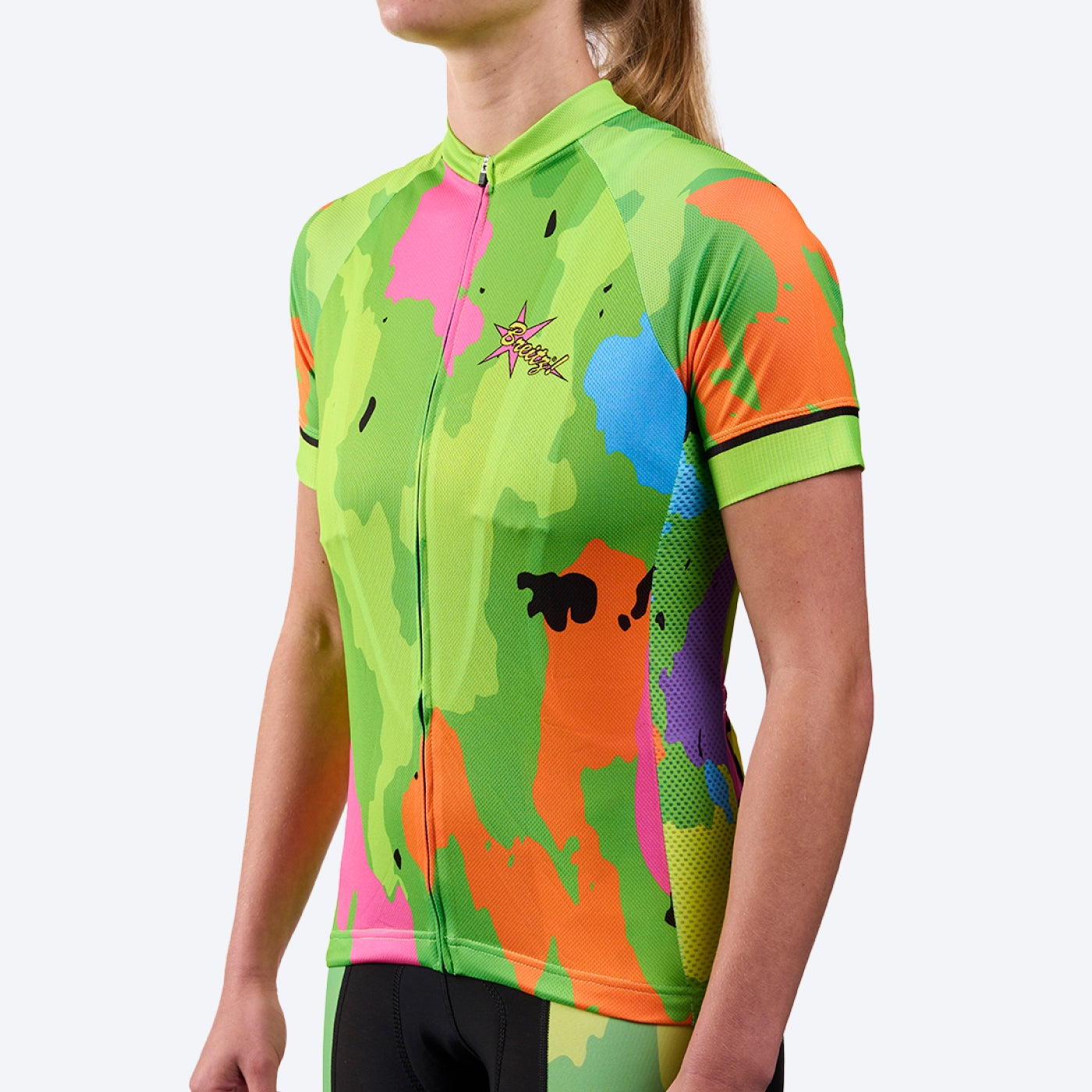 Women's Breitz!® “6 Feet, Thanks!”™ Hi-Viz Green Camo-Flash Short Sleeve Cycling Jersey
