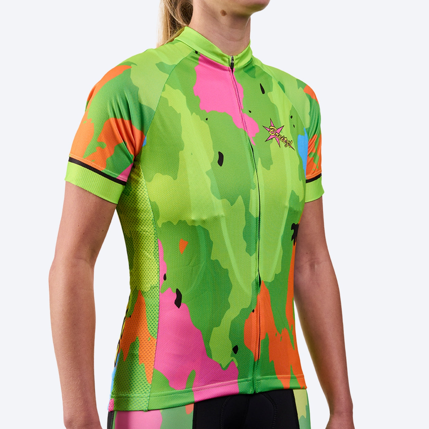 Women's Breitz!® “6 Feet, Thanks!”™ Hi-Viz Green Camo-Flash Short Sleeve Cycling Jersey