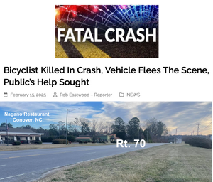 Corrected Story: Man on Bicycle Killed in Conover, NC, Hit and Run Crash