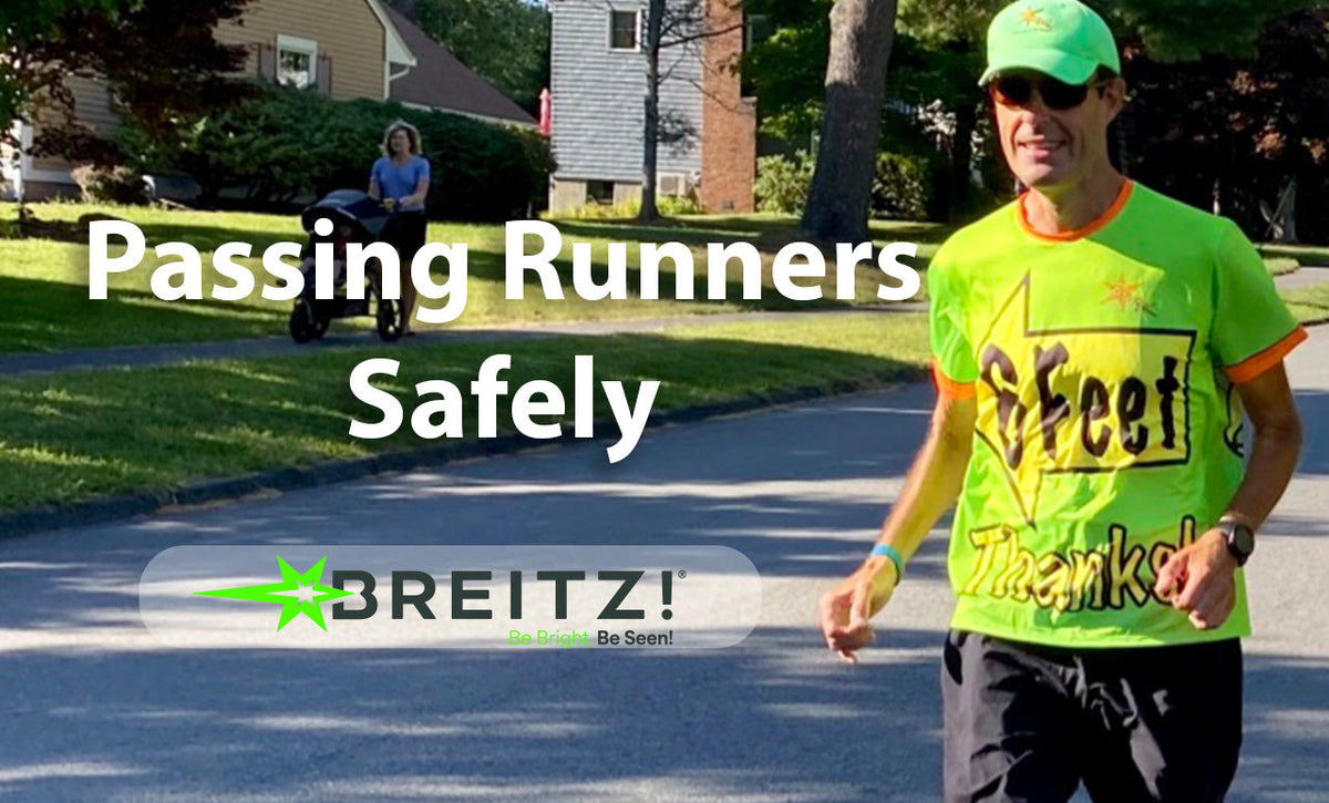 Bruce Tretter running in a bright green “6 Feet, Thanks!” shirt, with “Passing Runners Safely” text and the Breitz! logo.