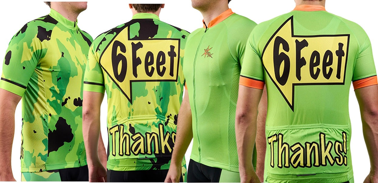 Breitz! men's bright, bold 6 Feet, Thanks! cycling wear helps drivers see and pass you safely on the road