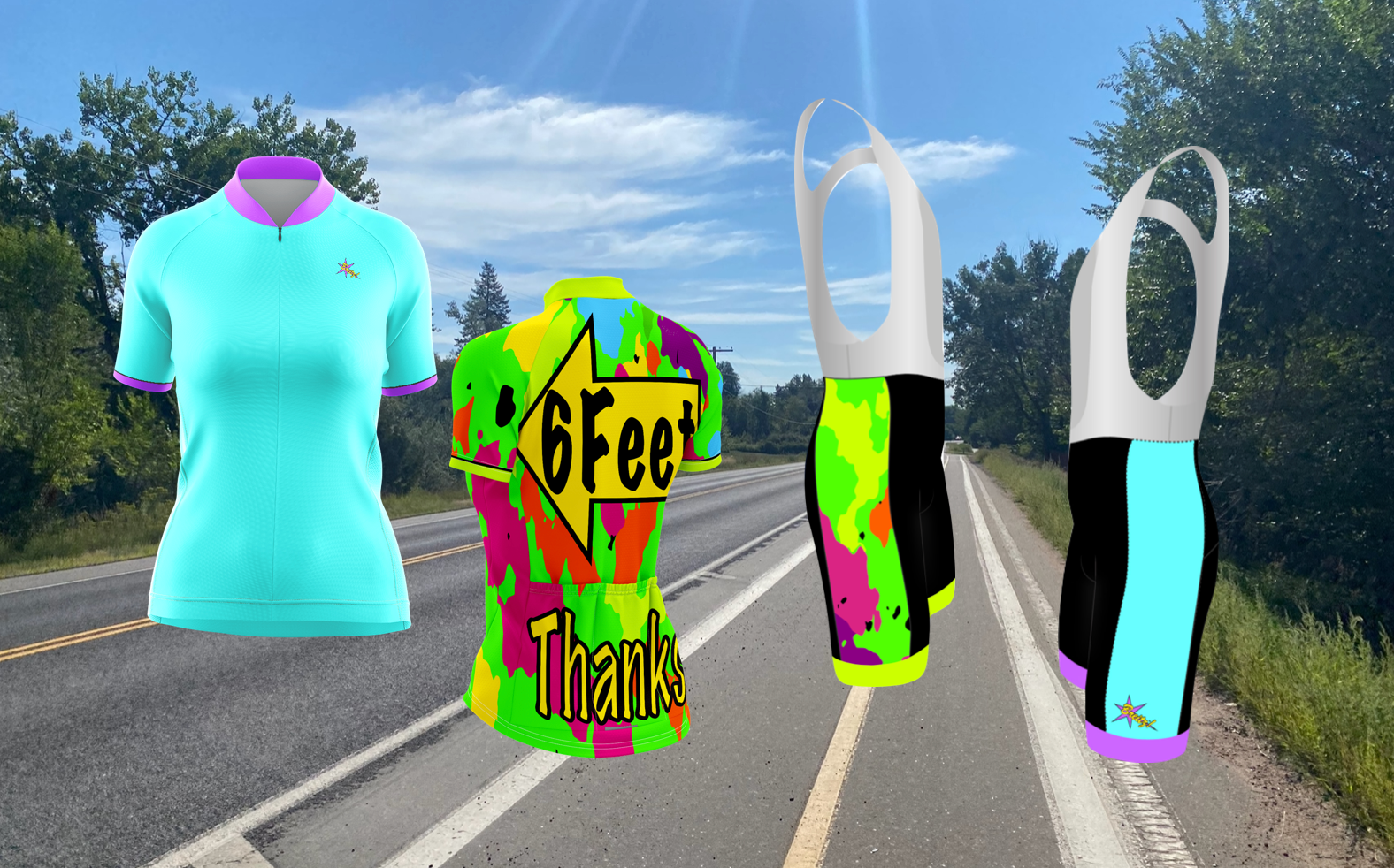 Breitz! women's bright, bold 6 Feet, Thanks! cycling wear helps drivers see and pass you safely on the road