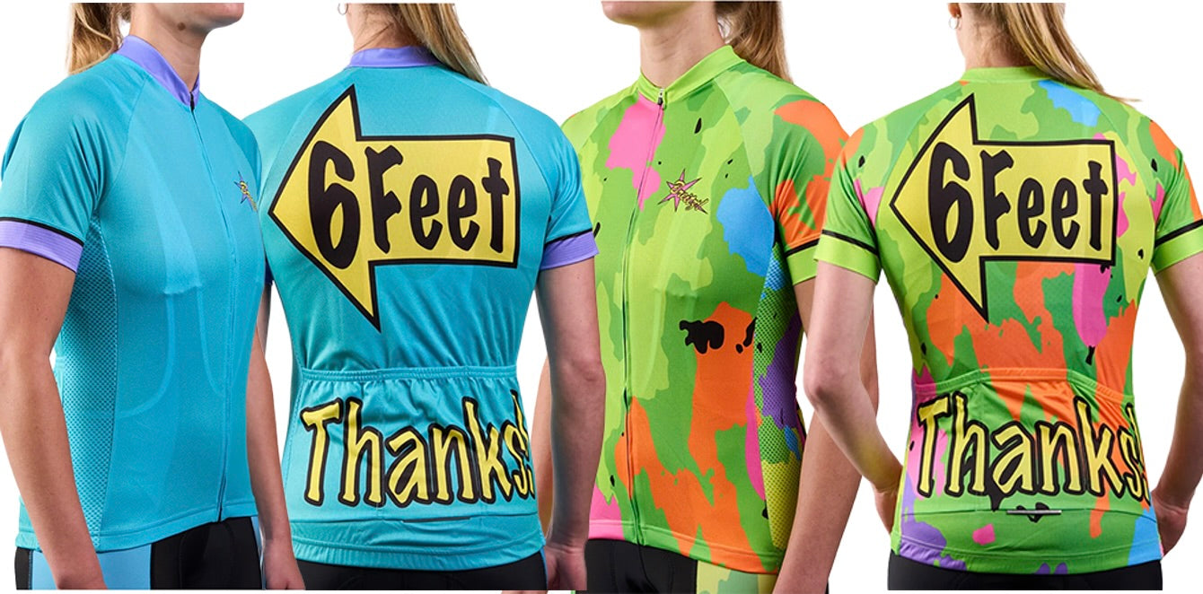 Breitz! women's bright, bold 6 Feet, Thanks! cycling wear helps drivers see and pass you safely on the road