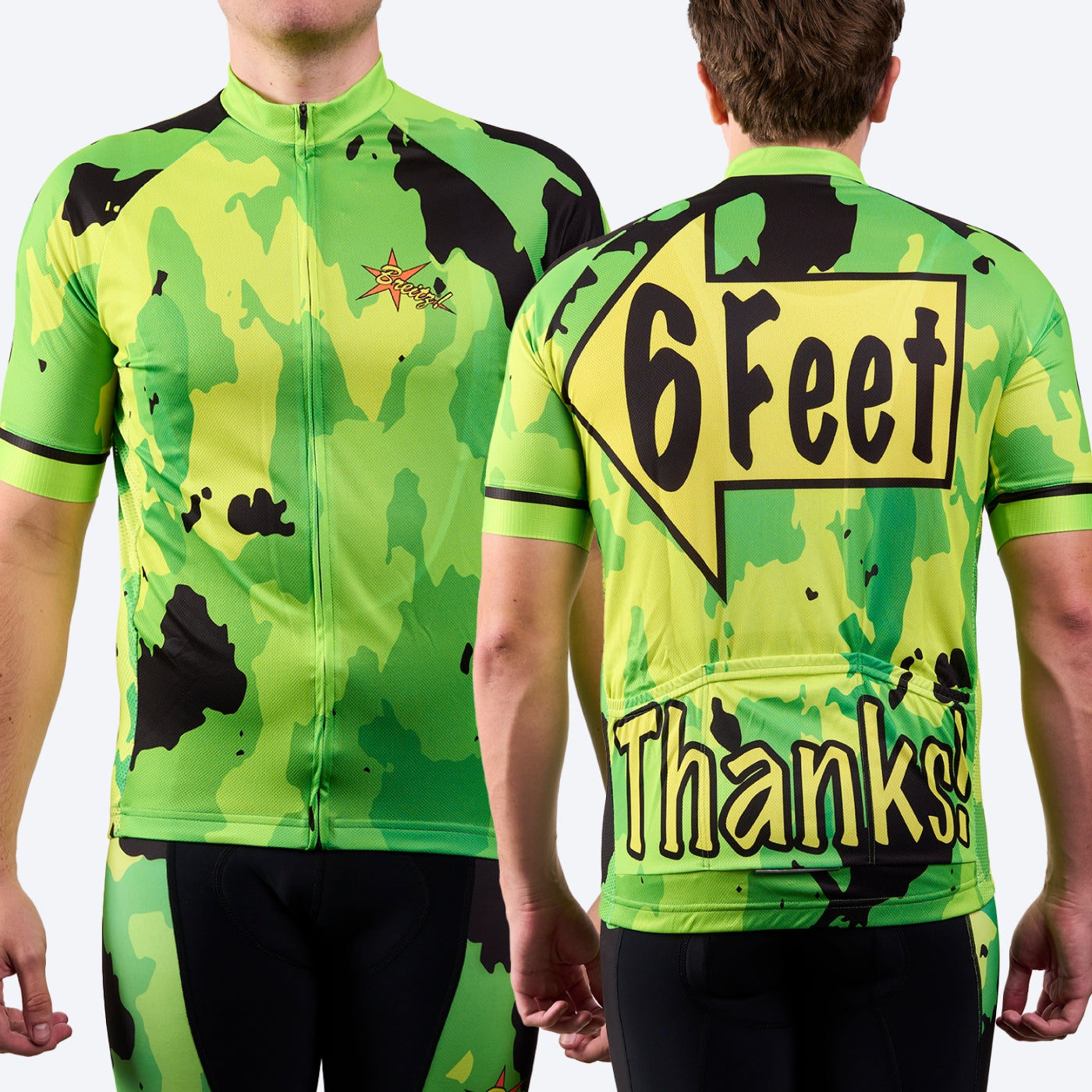 Men's 6 Feet, Thanks! Hi-Viz Green Camo-Flash Short Sleeve Cycling Jersey