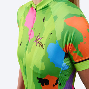 Women's 6 Feet, Thanks! Hi-Viz Green Camo-Flash Short Sleeve Cycling Jersey