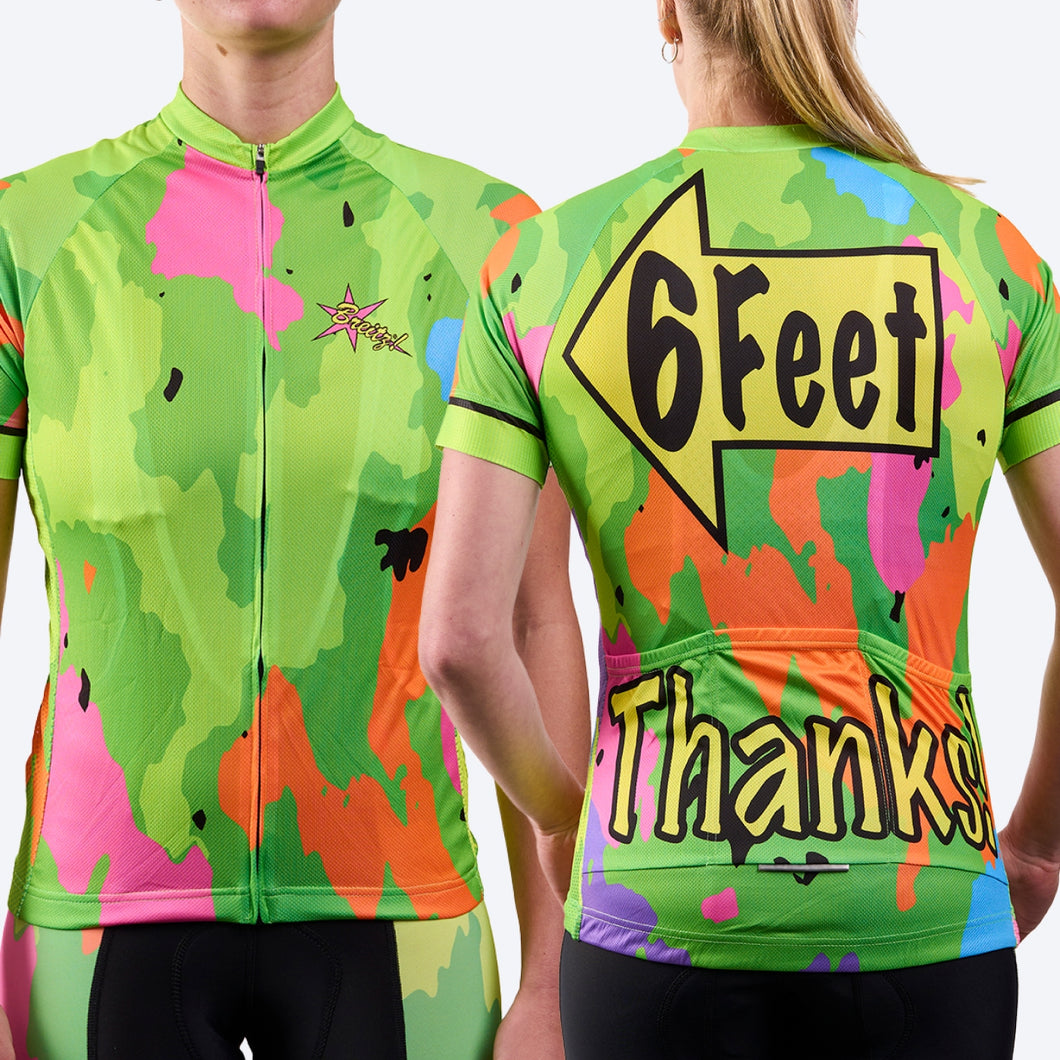 Women's 6 Feet, Thanks! Hi-Viz Green Camo-Flash Short Sleeve Cycling Jersey