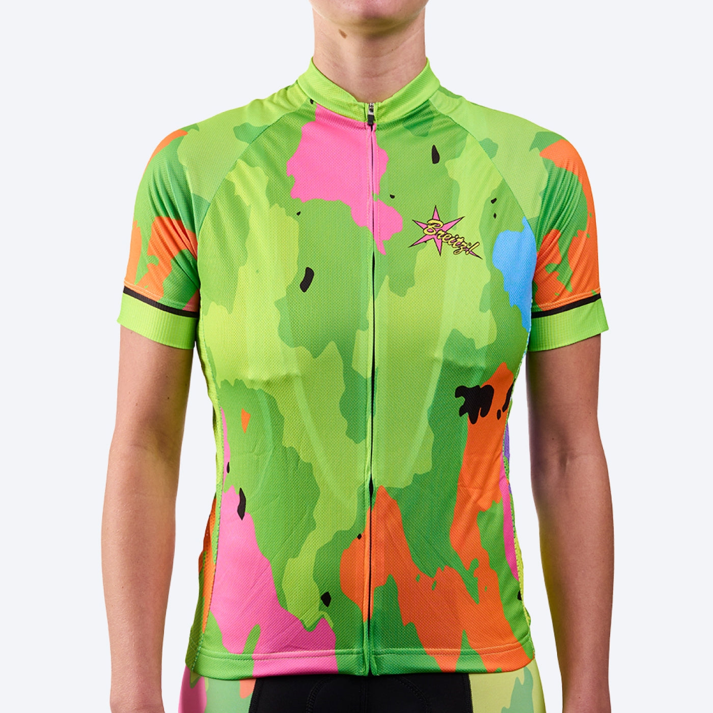 Women's 6 Feet, Thanks! Hi-Viz Green Camo-Flash Short Sleeve Cycling Jersey